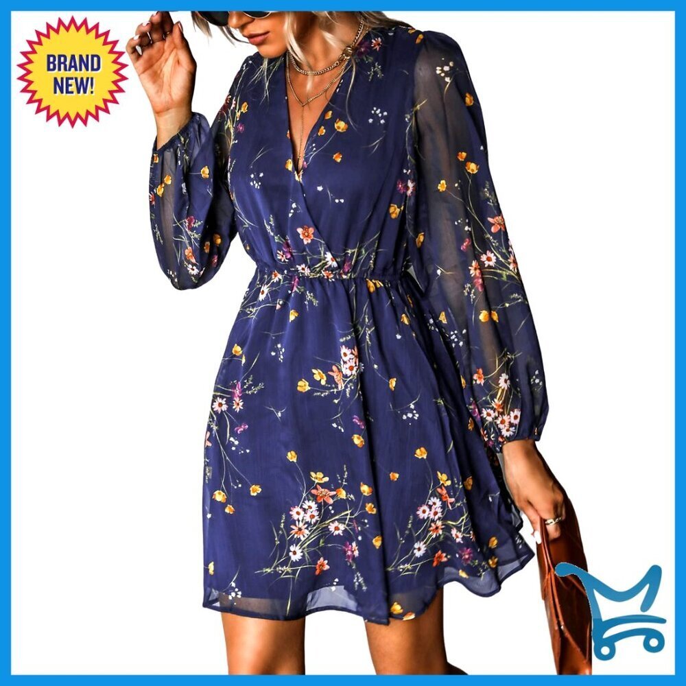 Chiffon Mini Dress V Neck Long Sleeves Flowy Elegant Casual Spring Wear
